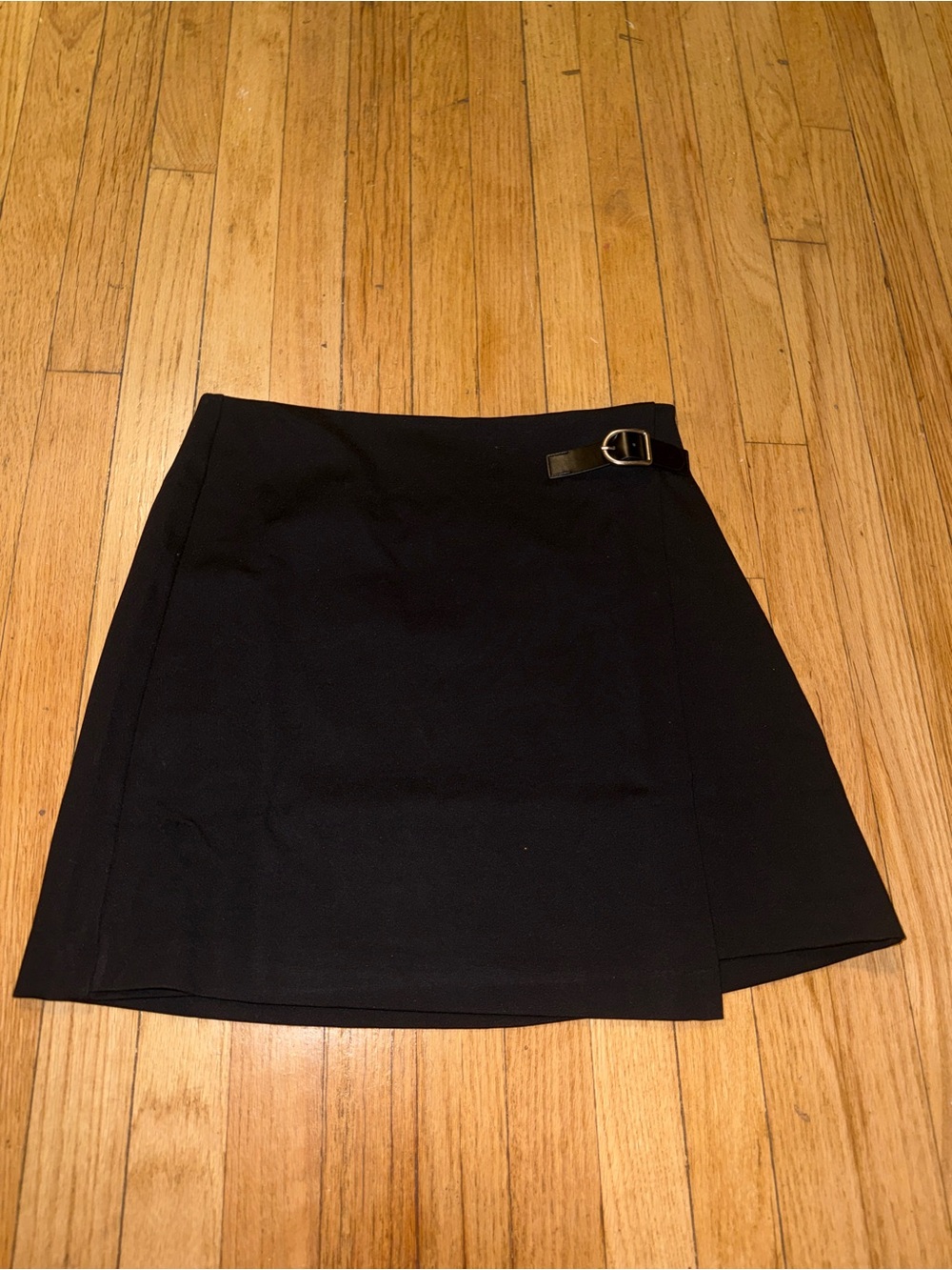 LOFT Black Wrap-Front Mini Skirt with Buckle